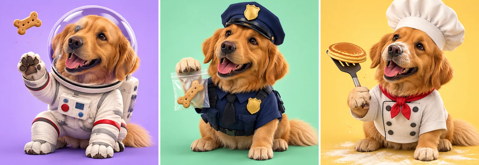 The same golden retriever imagined as a goofy astronaut, police officer and chef