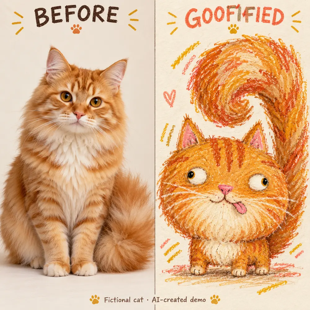 Fictional orange cat before and after a wonky crayon transformation