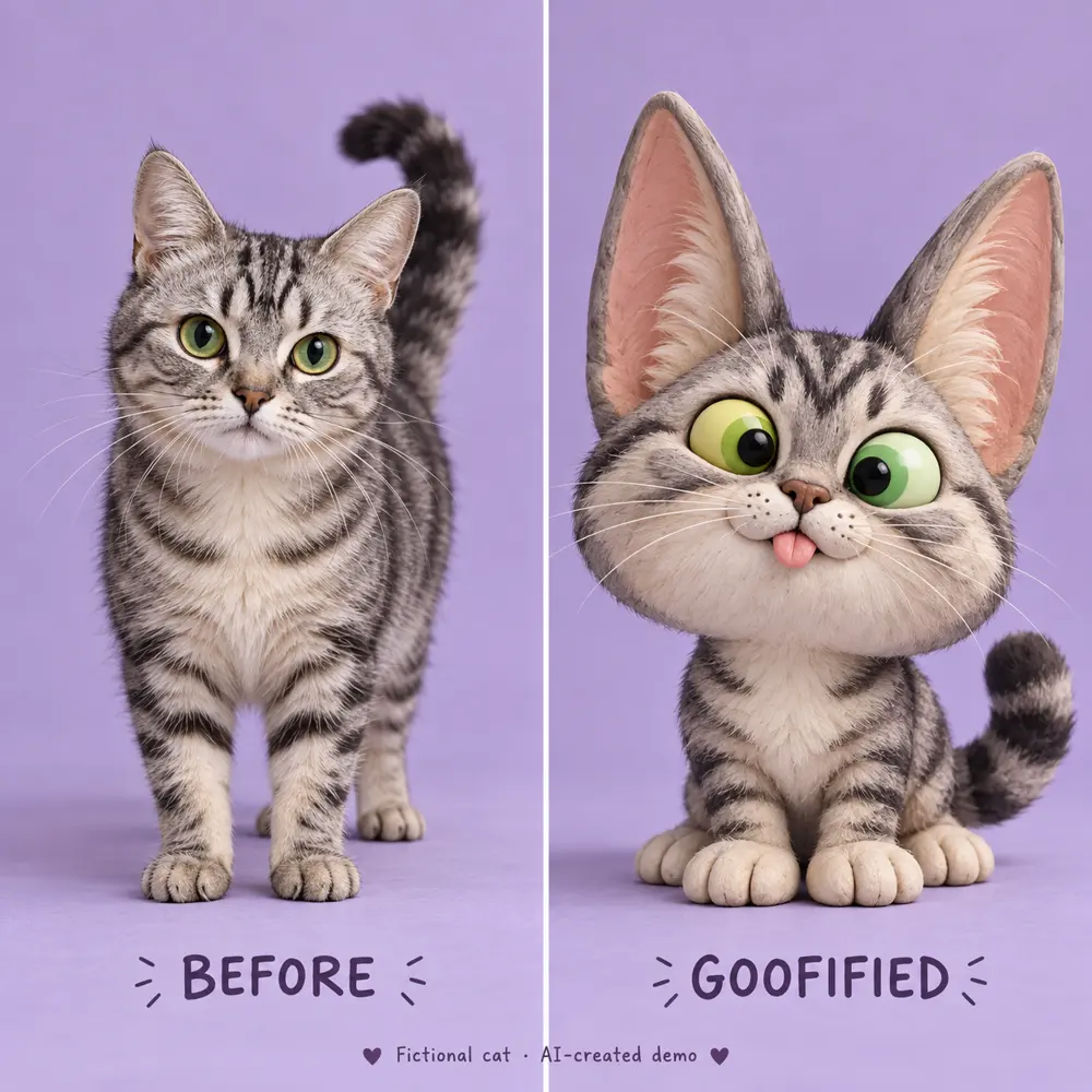 Fictional tabby cat before and after a 3D goofy transformation