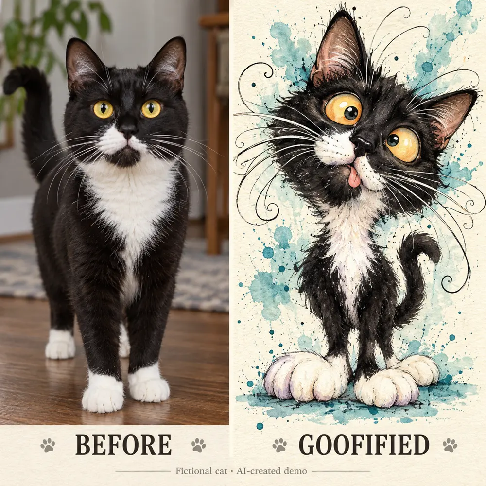 Fictional tuxedo cat before and after a goofy watercolor transformation