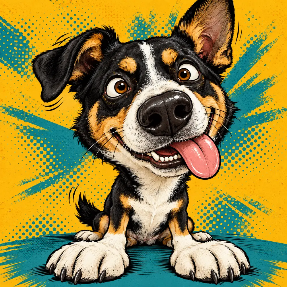 Bold comic-book goofy dog on yellow and teal