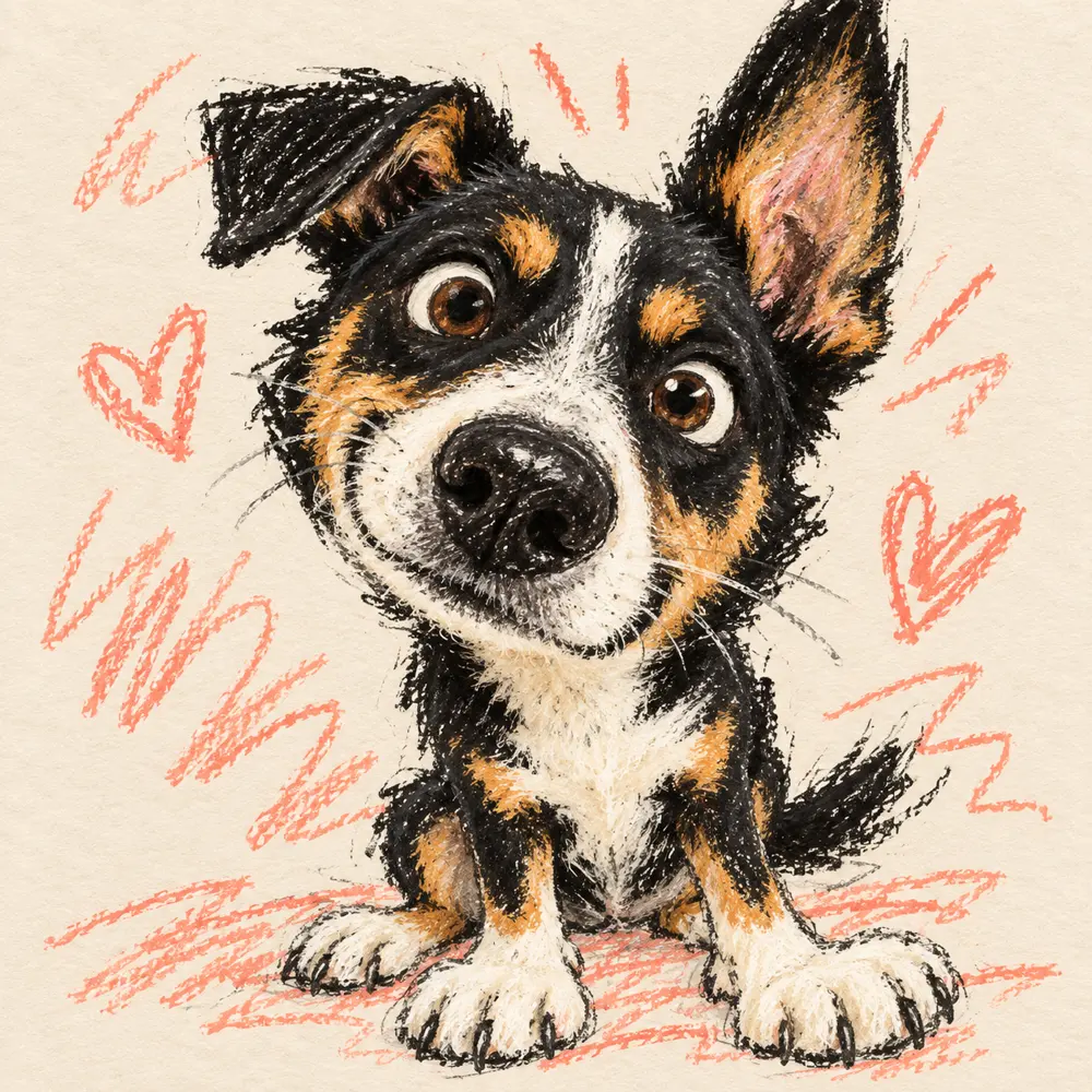 Wonky crayon drawing of the reference dog
