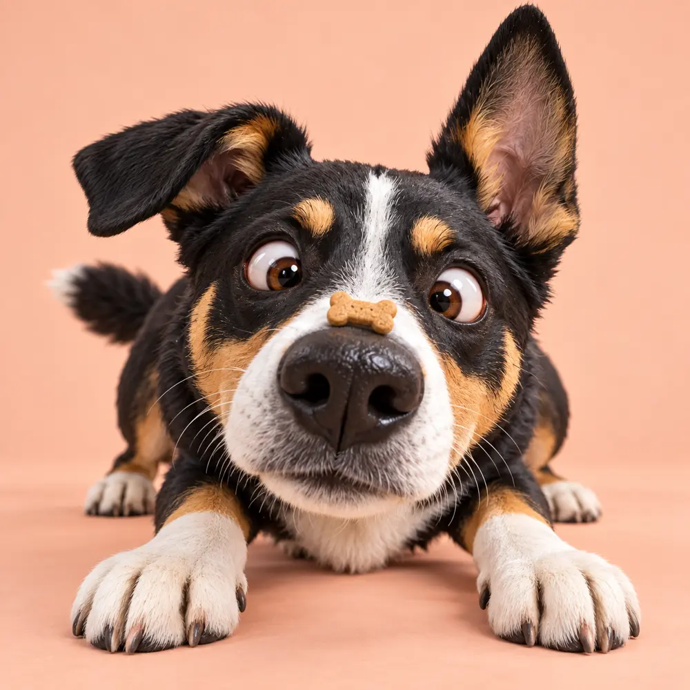 Goofy dog fixated on a biscuit on its nose