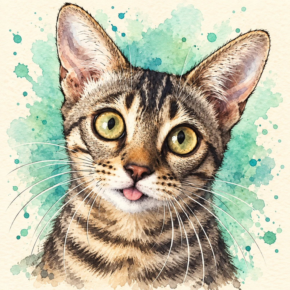 AI-generated watercolor and ink portrait of the same tabby cat, with big curious eyes and its tongue peeking out