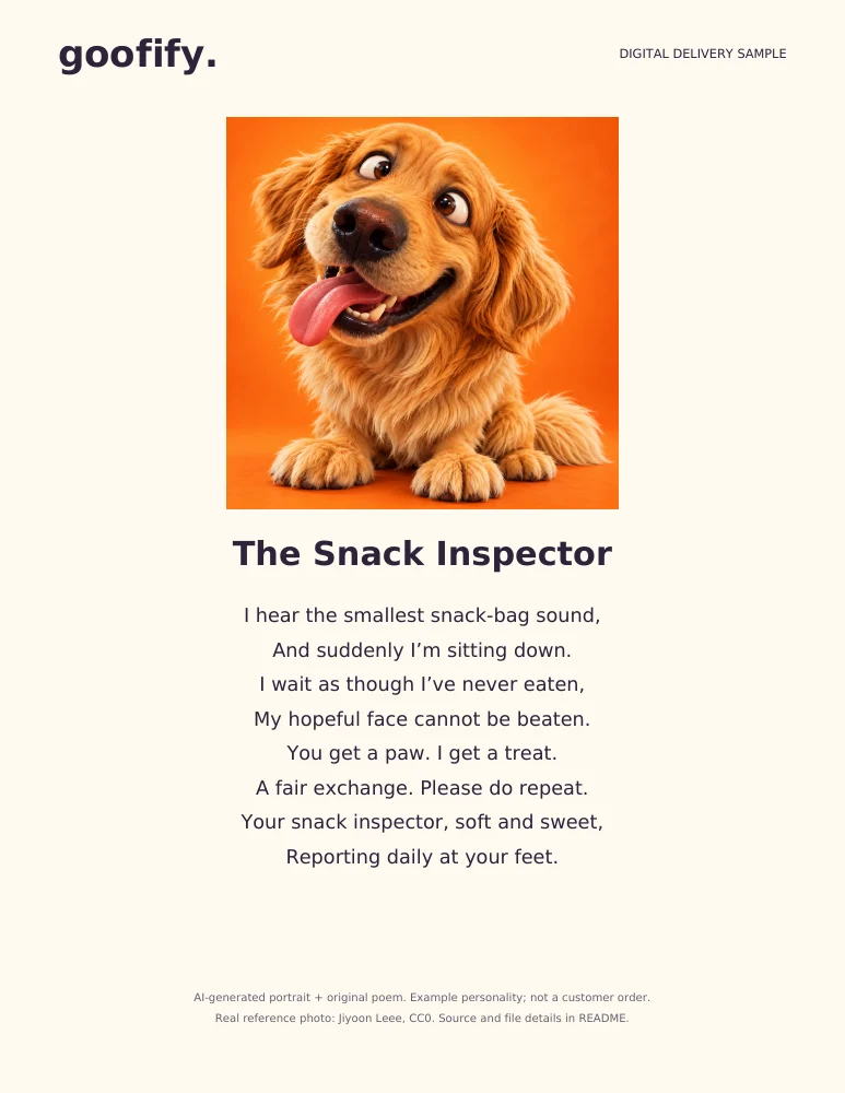 Actual sample printable portrait-and-poem card, The Snack Inspector